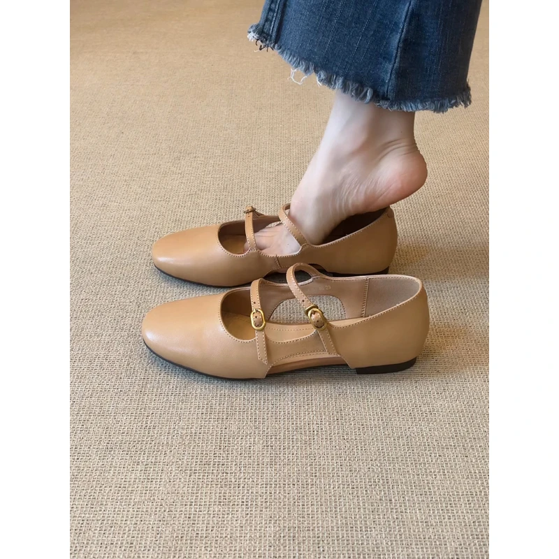 nnmiss/1cm法式简约圆头镂空浅口单鞋百搭复古双扣带舒适平底凉鞋