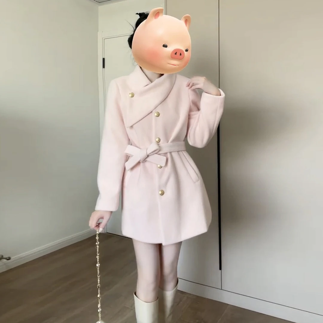 miu系高级感穿搭粉色毛呢外套女冬季加厚韩系设计感收腰呢子大衣