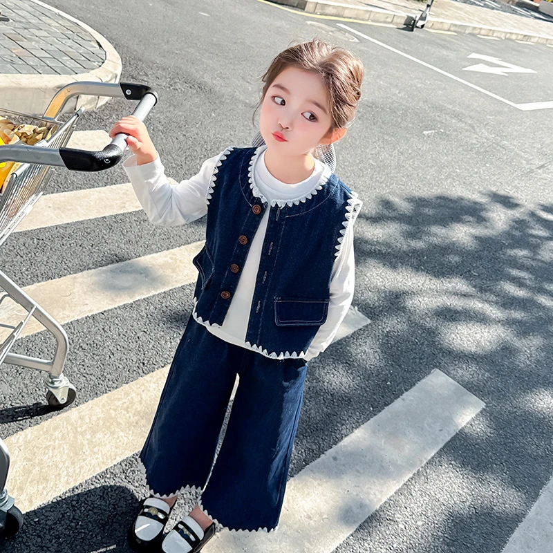 女童秋装套装洋气女孩春秋新款儿童女童早秋衣服牛仔马甲三件套