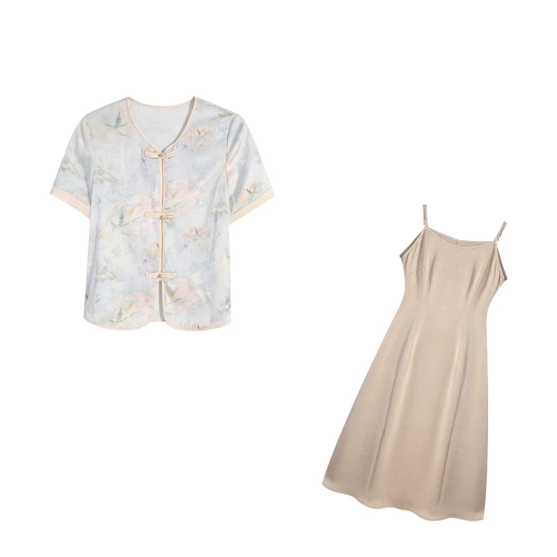 周周-花色上衣ZL105645+香槟色吊带裙ZL104206