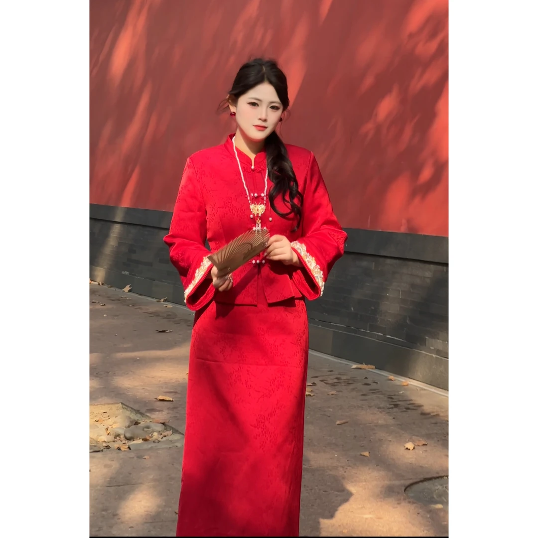 【珠玉帘】冬大码新中式高级感国风刺绣订婚礼服套装 DM35432