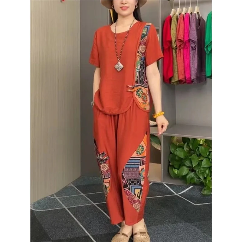 夏季新中式国风拼色短袖套装女宽松休闲显瘦洋气中老年妈妈两件套