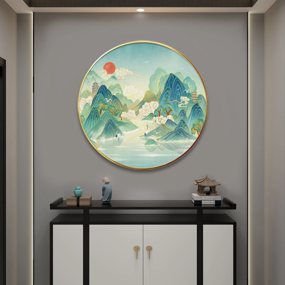 【高质】新中式圆形进门玄关装饰画意境山水背景墙挂画客厅茶室墙画