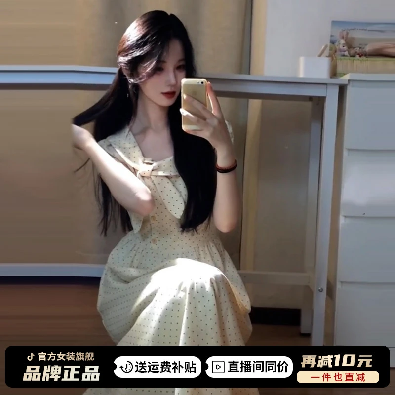 2025新款白色蝴蝶结波点连衣裙女夏季爆款小个子漂亮绝美收腰长裙