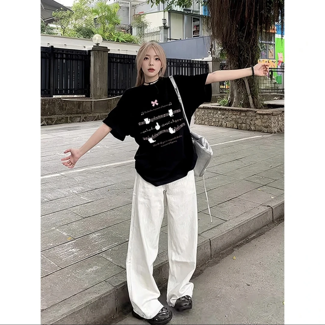 AZGO百搭宽松印花ins美式纯棉休闲小众学生圆领T恤（音符）