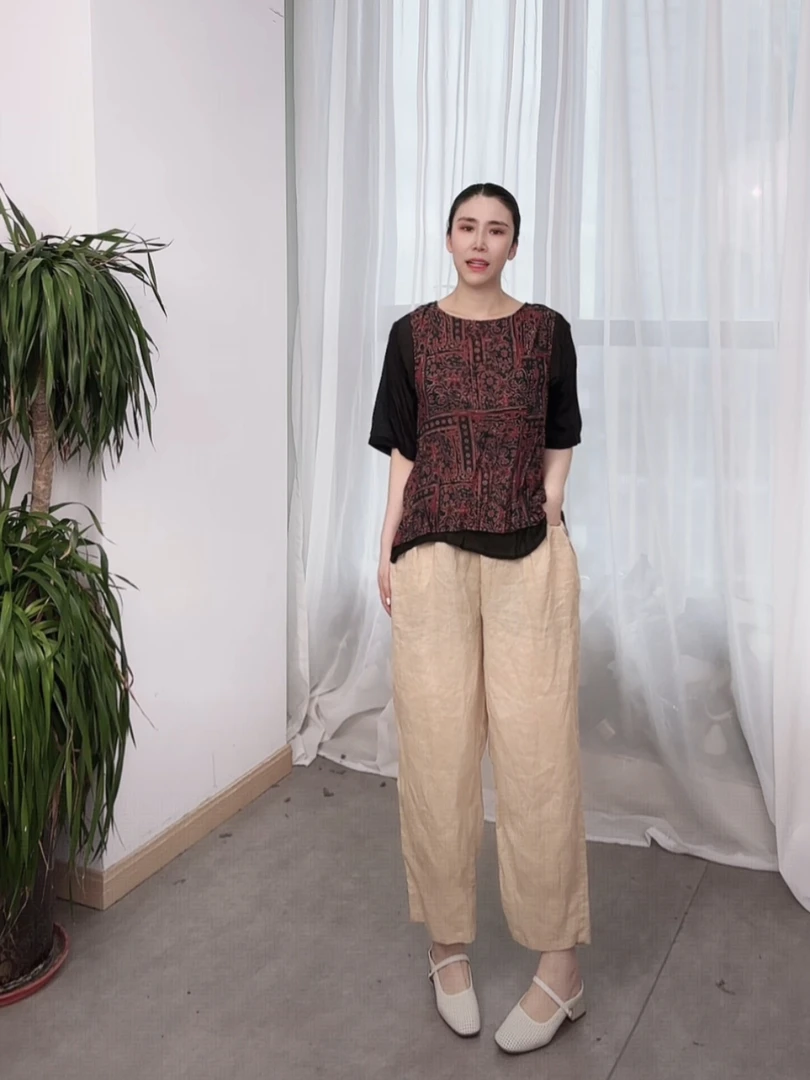 砂洗亚麻格子工艺松紧腰百搭休闲老爹裤女WH 0177