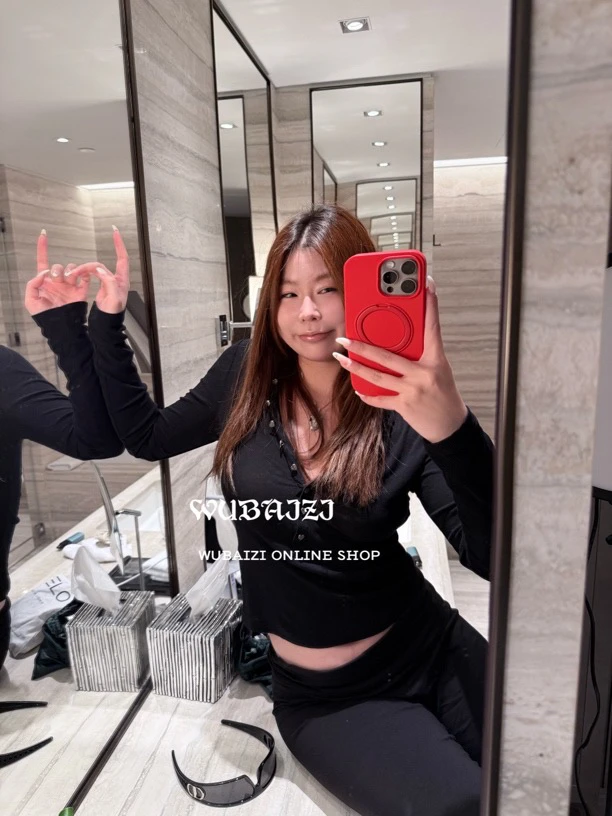 WUBAIZI ｜半开领纽扣长袖修身显瘦T恤女打底上衣25682
