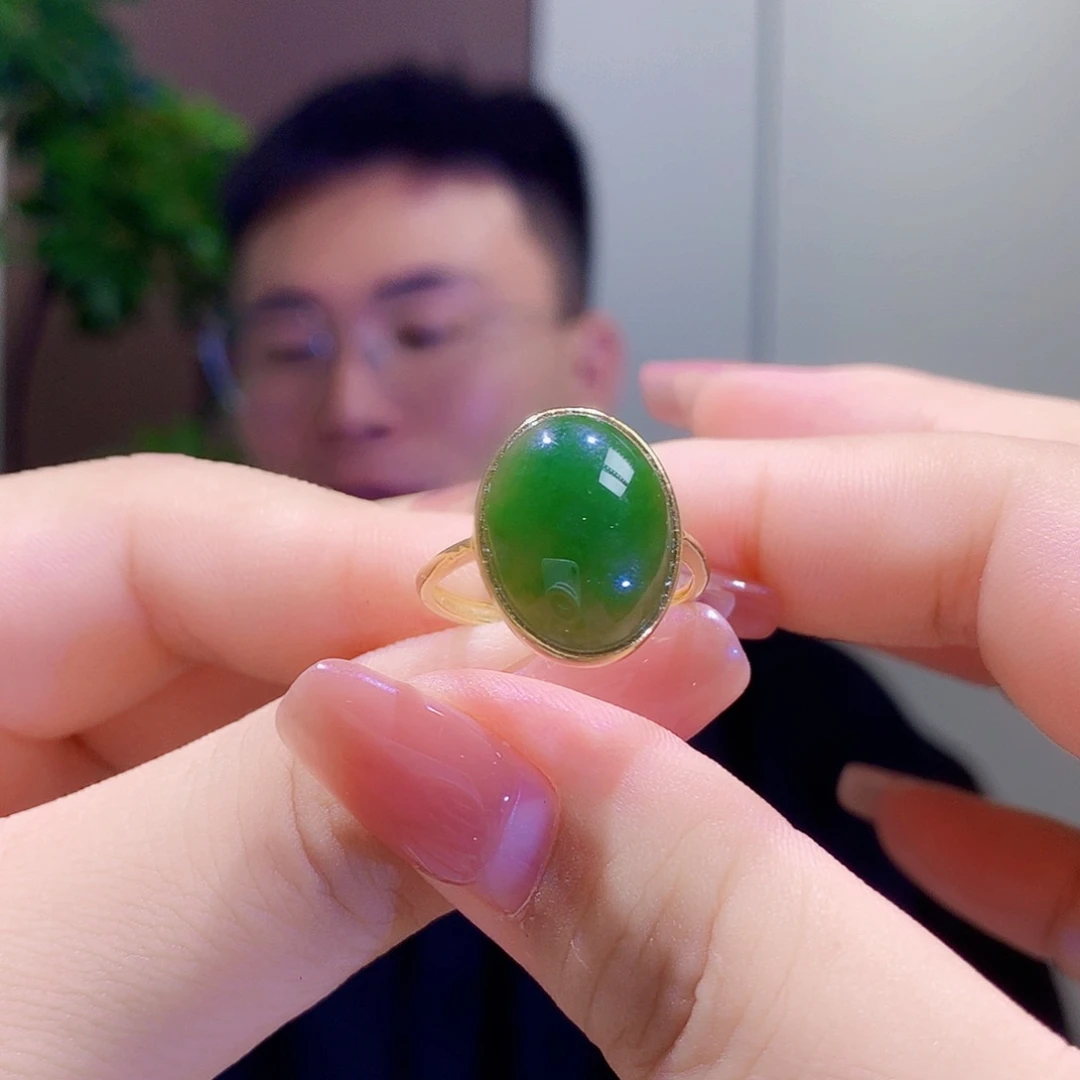 和田玉（碧玉）戒指银S925镀金镶嵌