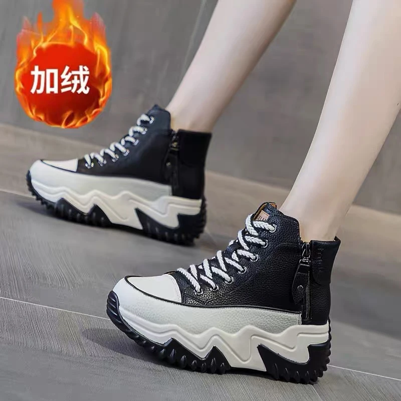 K29高帮鞋女秋冬加绒保暖厚底增高小个子皮面休闲百搭运动潮鞋子