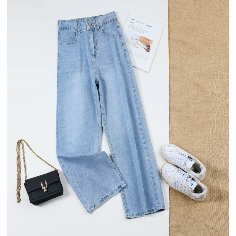 女2025新款高腰早秋阔腿裤微弹韩版水洗中国风长裤宽松牛仔裤