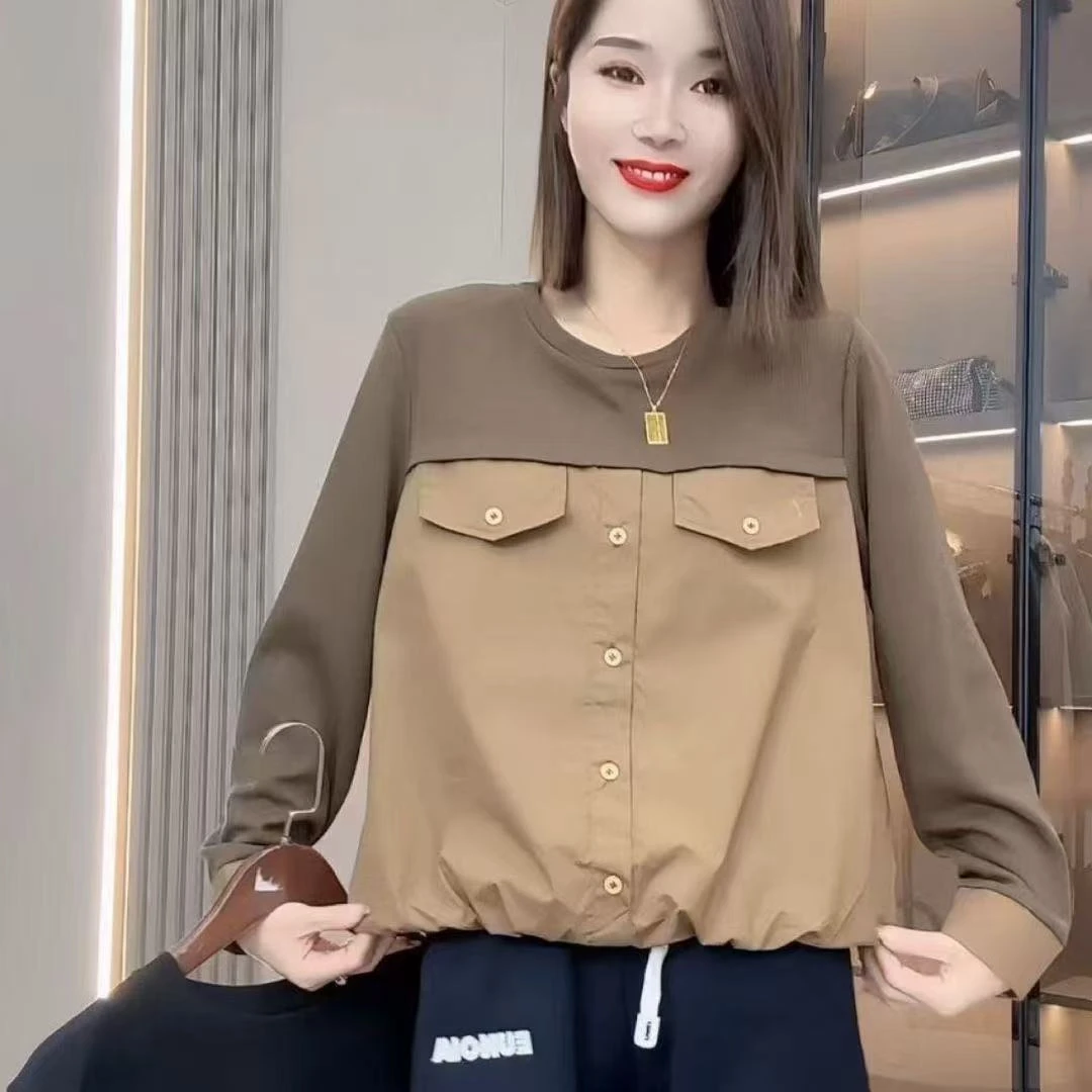 3386-早秋拼接撞色显瘦大码时尚秋款衫