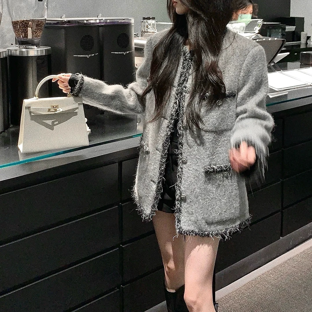 207 【加棉加厚】复古高级感毛呢银丝秋冬小香风气质外套