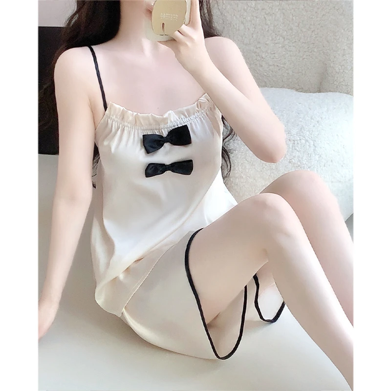 性感纯欲风蝴蝶结吊带睡衣女款夏季2025新款冰丝杏色家居服夏天薄