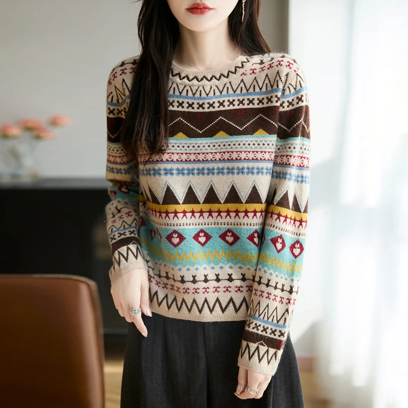 2025新款圆领名族风图案针织打底衫彩条民族风毛衣女新款韩版女装