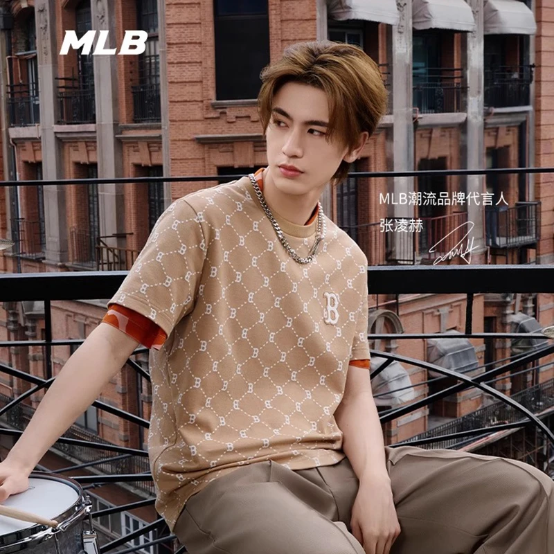 MLB短袖男女情侣张凌赫同款钻石老花短袖T恤25夏季新款潮流半袖