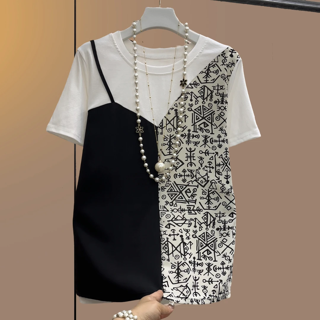 大码女装胖妹妹夏季圆领法式短袖极简风T恤百搭气质假两件短袖