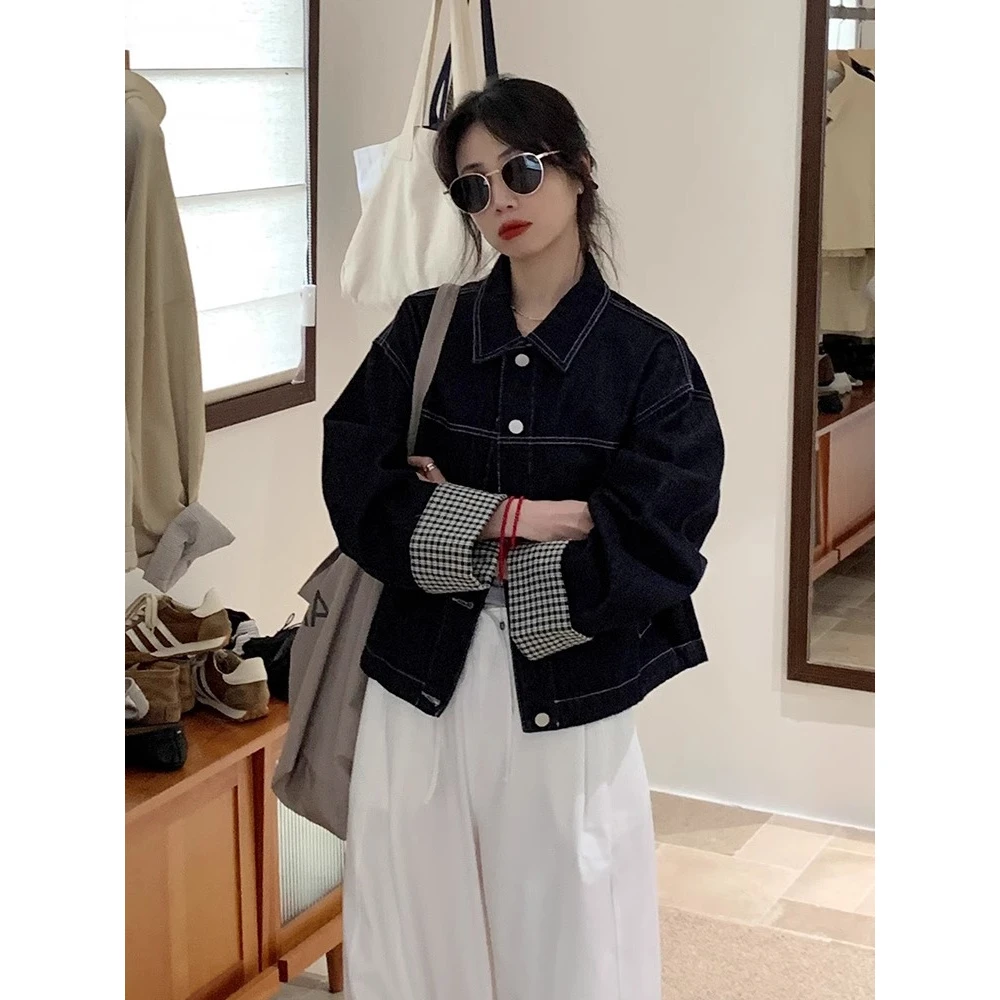 韩系袖口撞色牛仔外套女宽松bf慵懒风小个子短款2025春季新款
