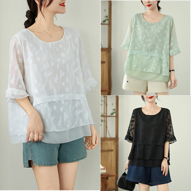 2025夏新款日韩宽松百搭圆领剪花工艺双层大码上衣妈妈装t恤女T恤