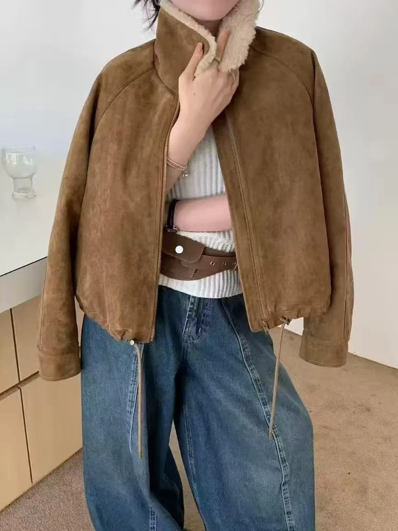 复古慵懒风直下摆短款女短外套高品质冬款韩版宽松翻领外套