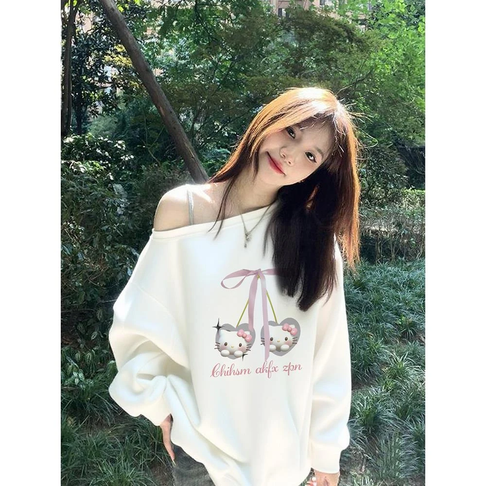 白色纯棉kitty猫斜肩卫衣女小众印花百搭宽松甜妹穿搭设计感上衣