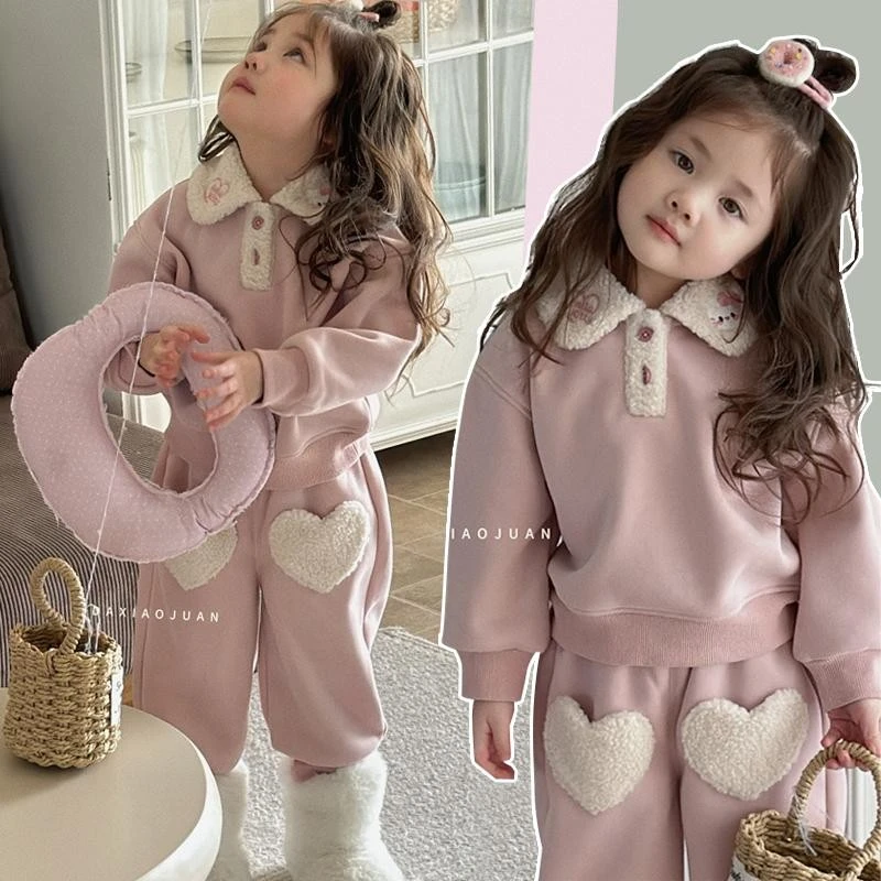 大小卷冬季加绒加厚爱心两件套卫衣卫裤套装女童可爱甜美休闲套装