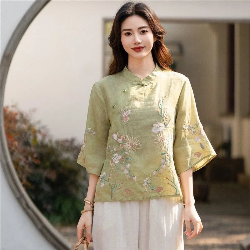 【清货+运费险】复古国风重工棉麻刺绣衬衫立领夏季中式盘扣Y330