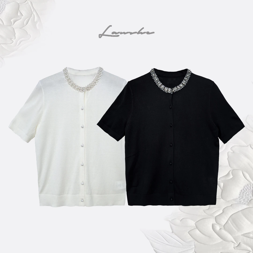 珠饰圆领花边T恤开衫上衣Z