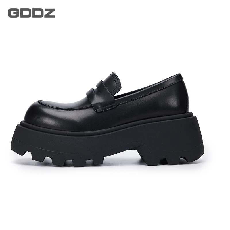 厚底英伦风单鞋松糕乐福鞋女增高搭扣一脚蹬黑色小皮鞋GD-250206