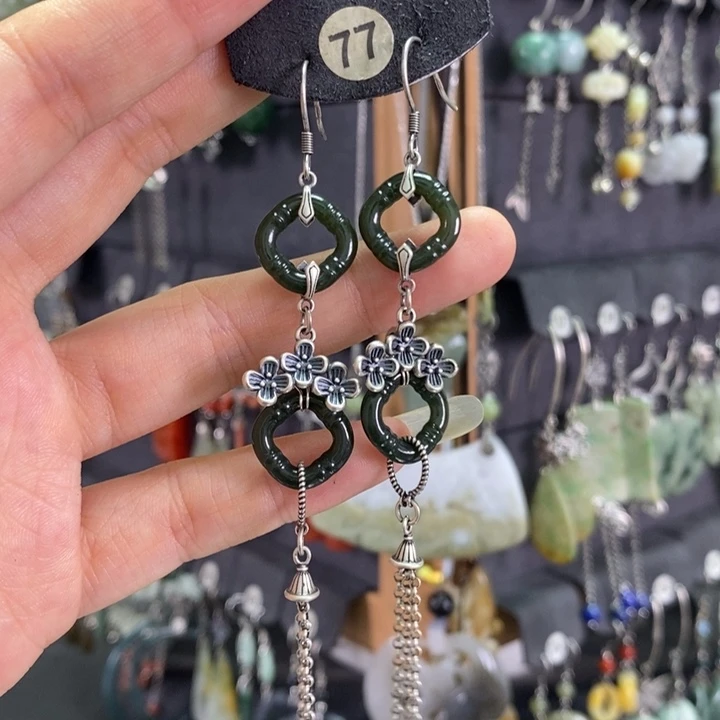 和田玉耳饰银S925镶嵌扶*ཡX07