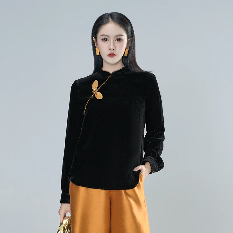 青娘子100桑蚕丝（宛秋）真丝丝绒时尚立领钉珠斜襟蝴蝶结上衣61524