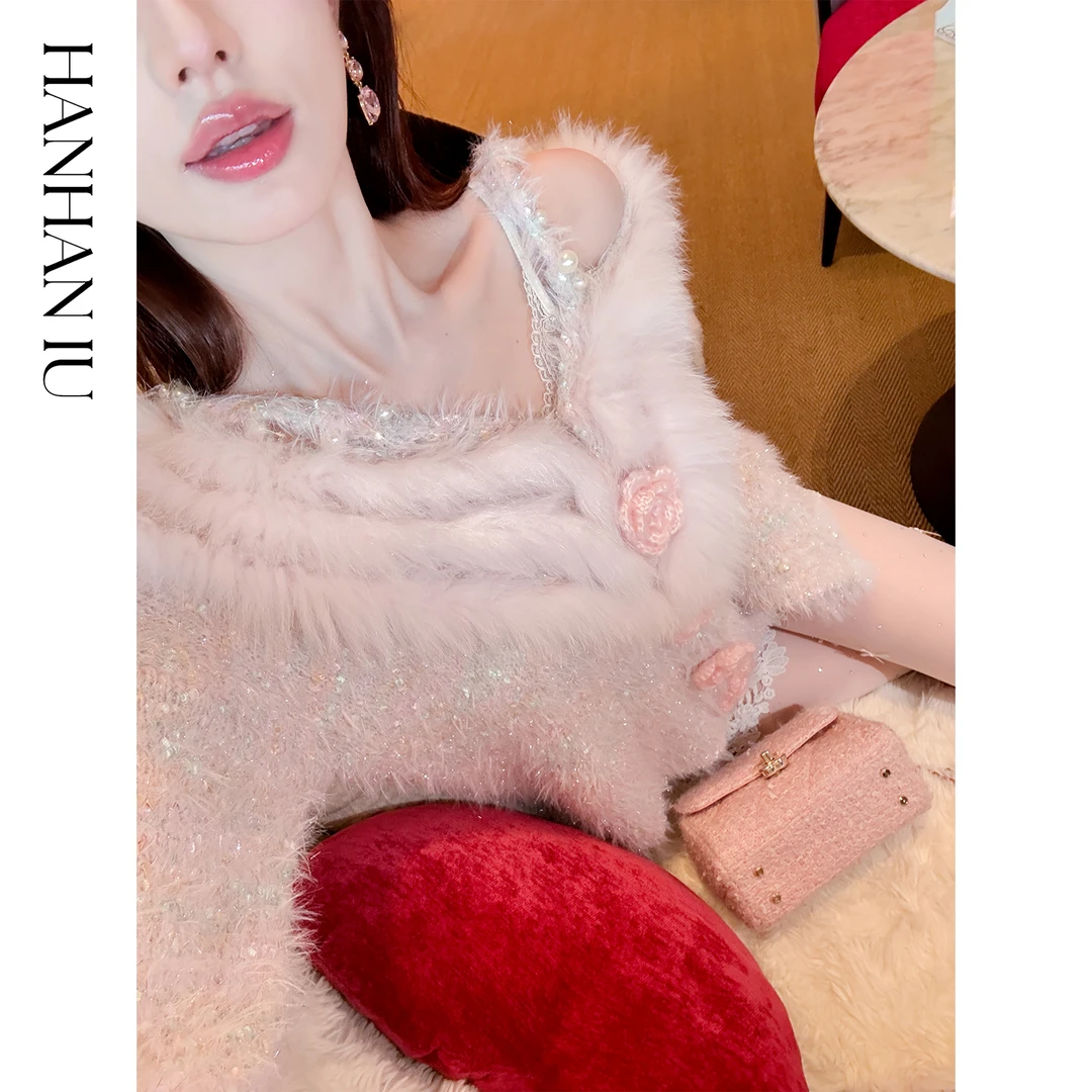 韩韩IU【蔷薇梦境】时尚浪漫气质优雅轻奢狐狸毛拼接领口毛衣开衫