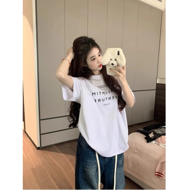 2025新款圆领夏季时尚印花爆款短袖T恤女宽松白色百搭上衣学生潮