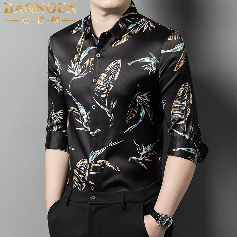 巴格奴桑蚕丝长袖衬衫男士春秋新款时尚高端真丝印花商务休闲衬衣