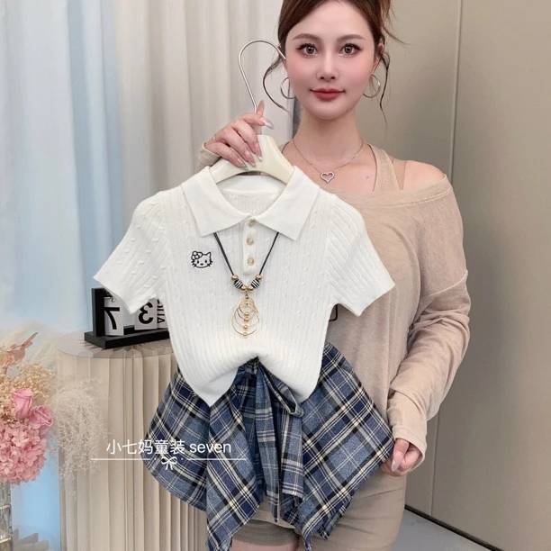 女童韩版夏季短袖套装2025新款洋气女孩宝宝时髦格子格子裙两件套