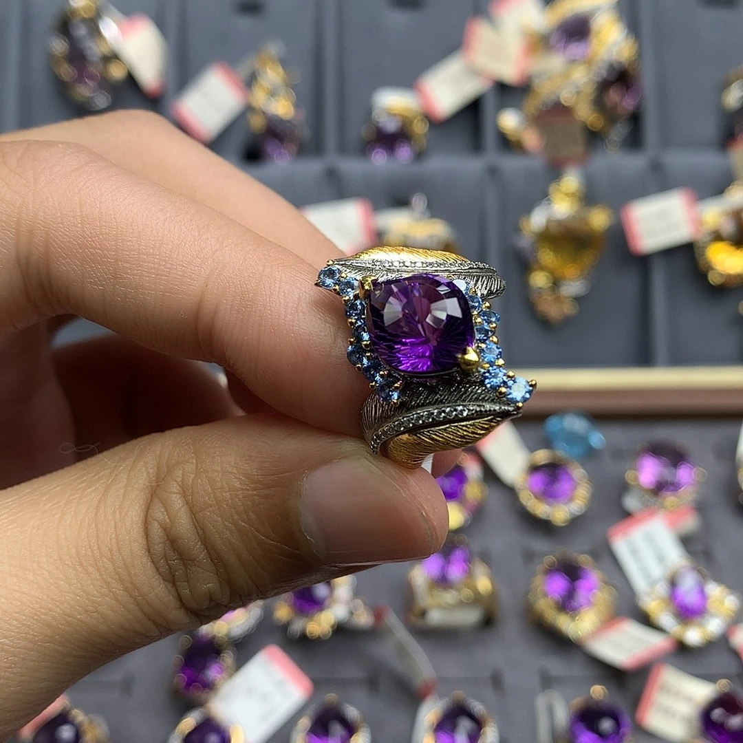 水晶戒指银S925镀金镶嵌