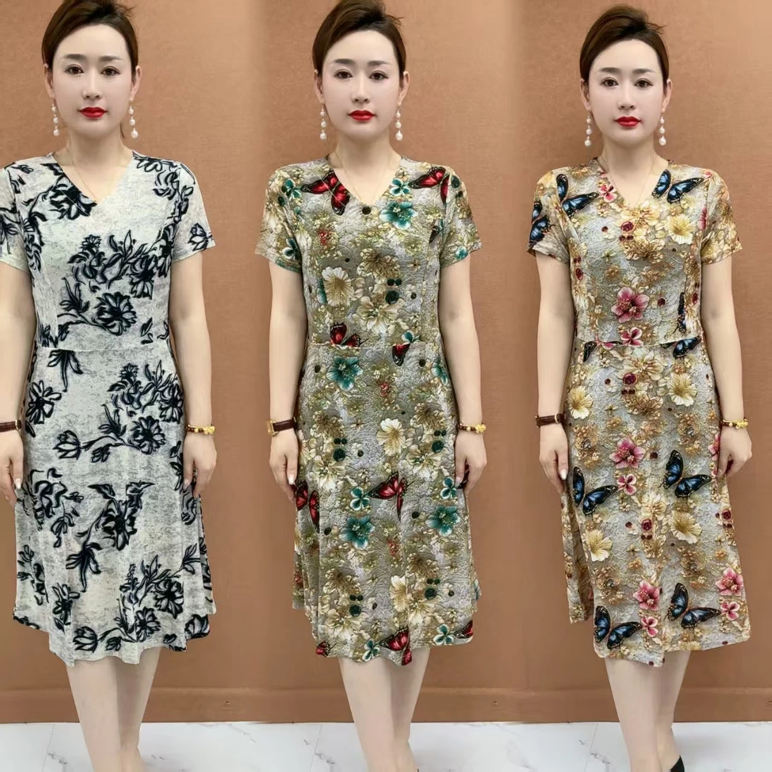 宽松腰高腰中夏季碎花圆领连衣裙妈妈装印花裙子宽松