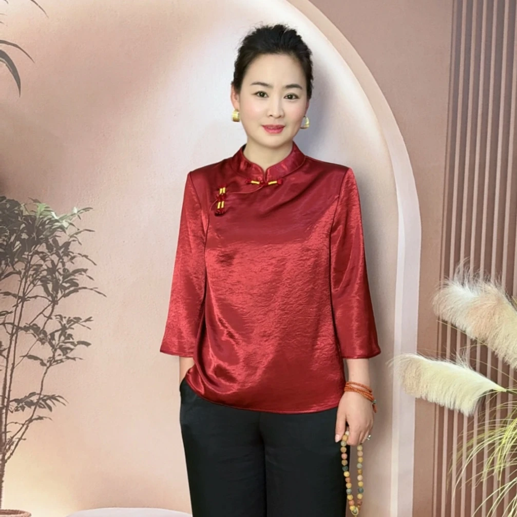 夏季薄款红色斜襟拼接立领唐装女装盘扣上衣新中式女装禅意中国风