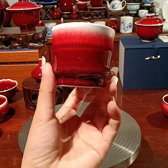 景德镇纯手工郎红竹节杯