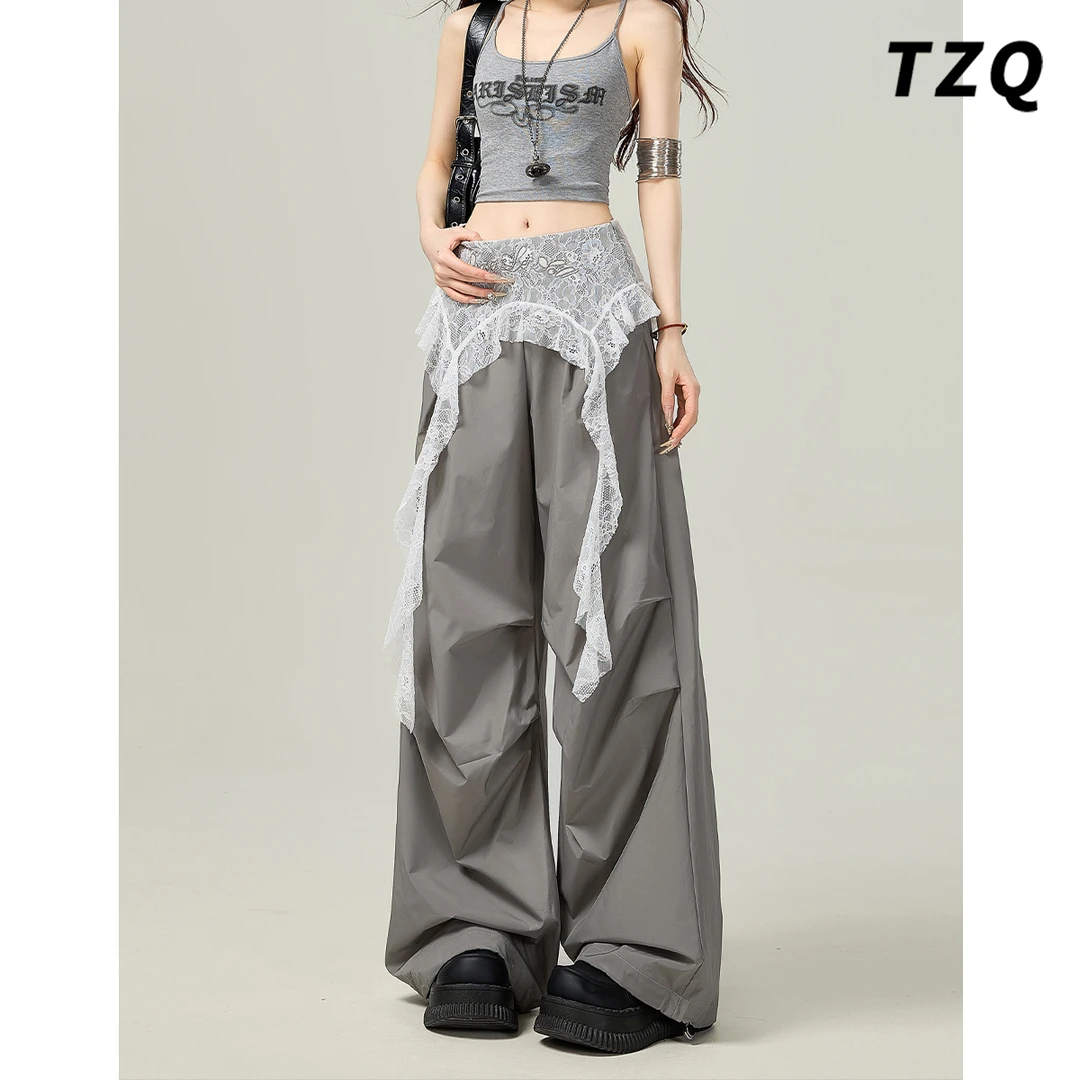 蕾丝拼接轻凉休闲裤女2025夏季新款时尚宽松阔腿长裤子TZQ2550942