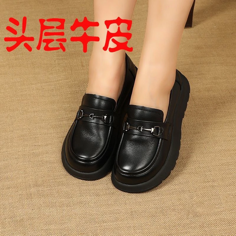 真皮黑色乐福鞋女25年春秋新款厚底一脚蹬单鞋头层牛皮软底小皮鞋