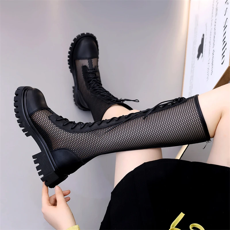 大码长筒靴女2025夏季薄款厚底瘦瘦绑带马丁靴高筒皮靴网纱骑士靴