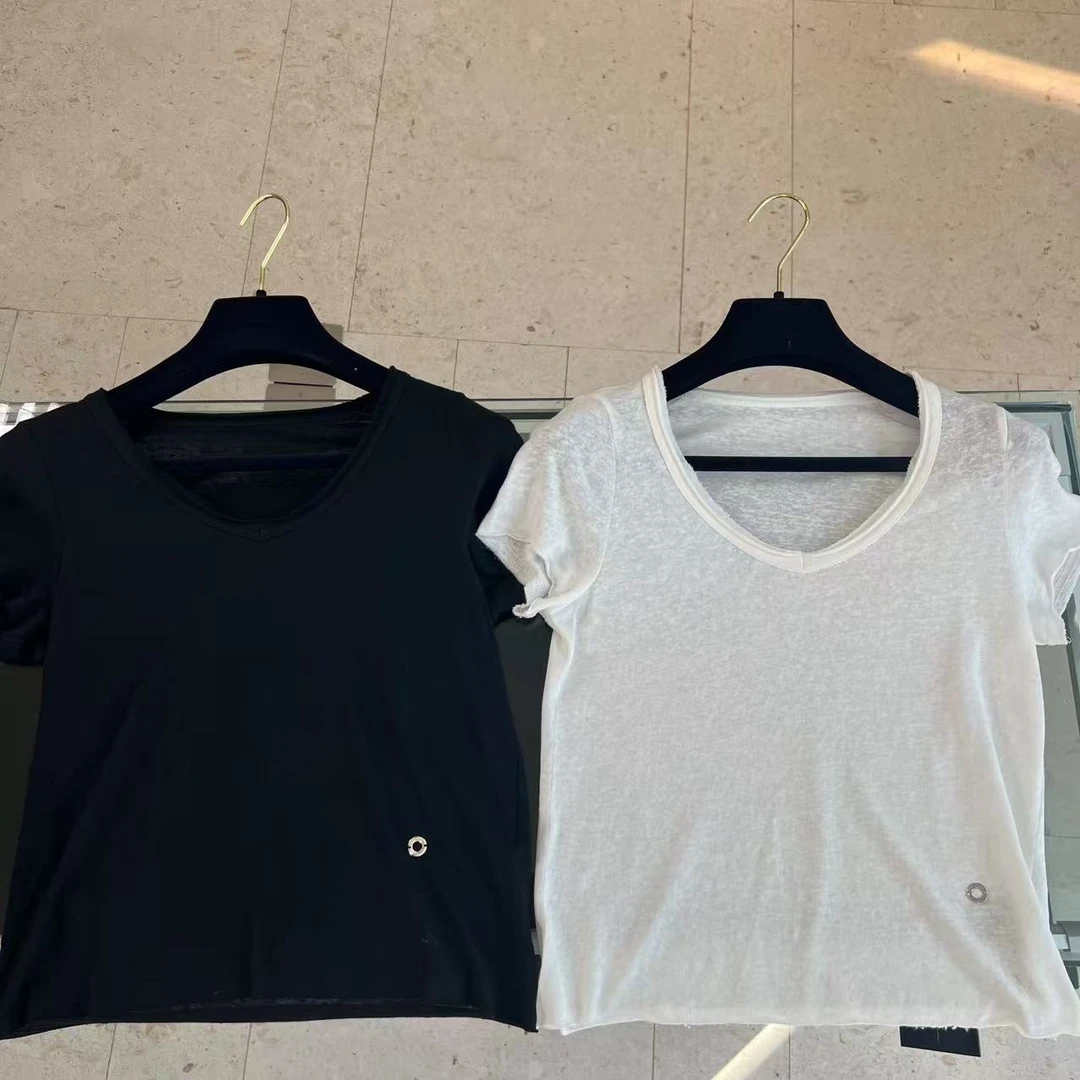 【绘梦织】小V领简约圆环纯色女士T恤2024012