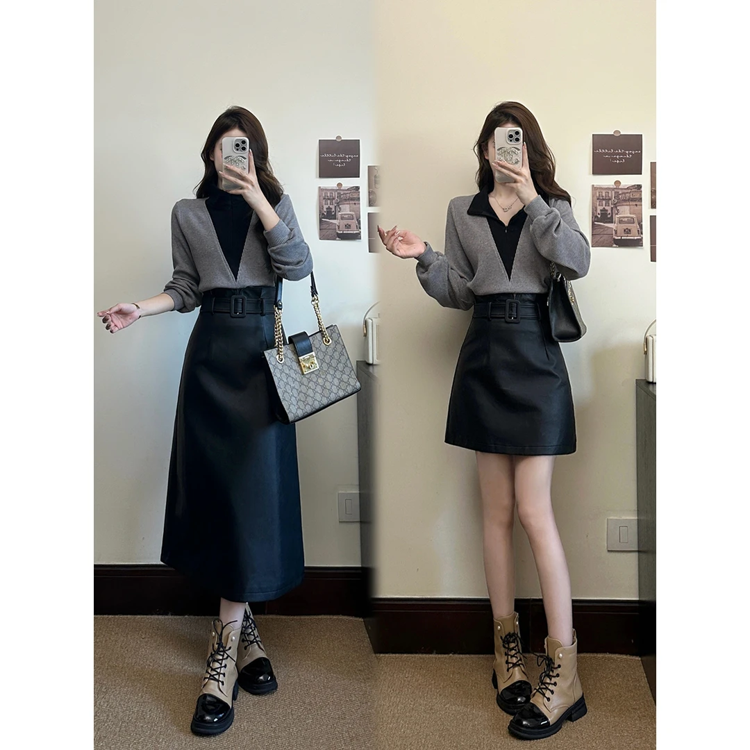 大码女装黑灰腔调撞色高级感叠穿百搭针织衫长短皮裙套装女