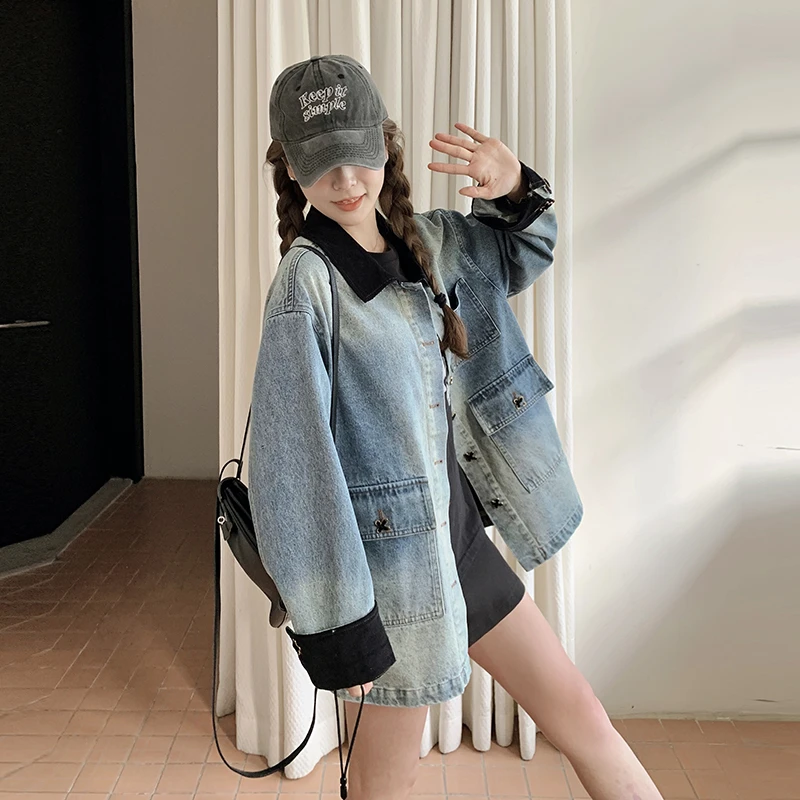撞色拼接学院风减龄慵懒宽松bf牛仔外套2025春秋新款今年流行女装