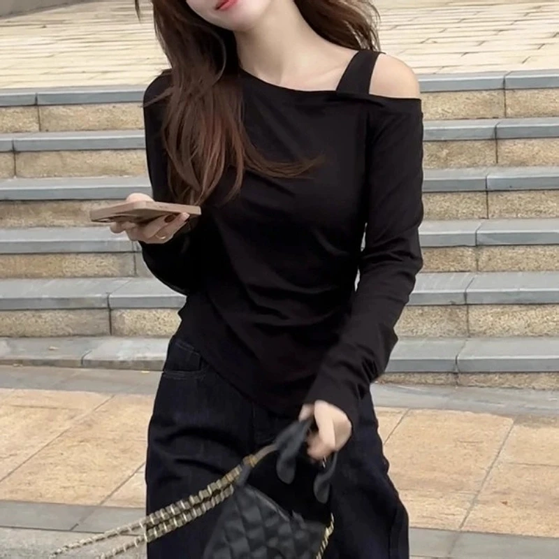 大码微胖洋气长袖T恤女装秋季胖MM小众修身体恤显瘦斜肩上衣外穿