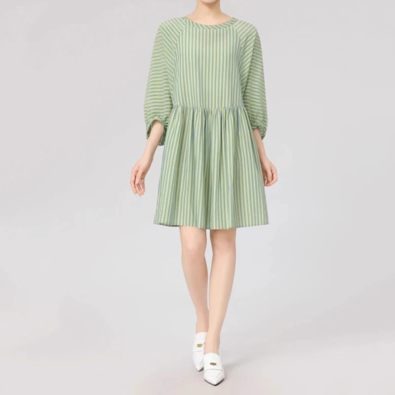 商场同款夏新款洋气高级圆领条纹七分泡泡袖连衣裙女装550019