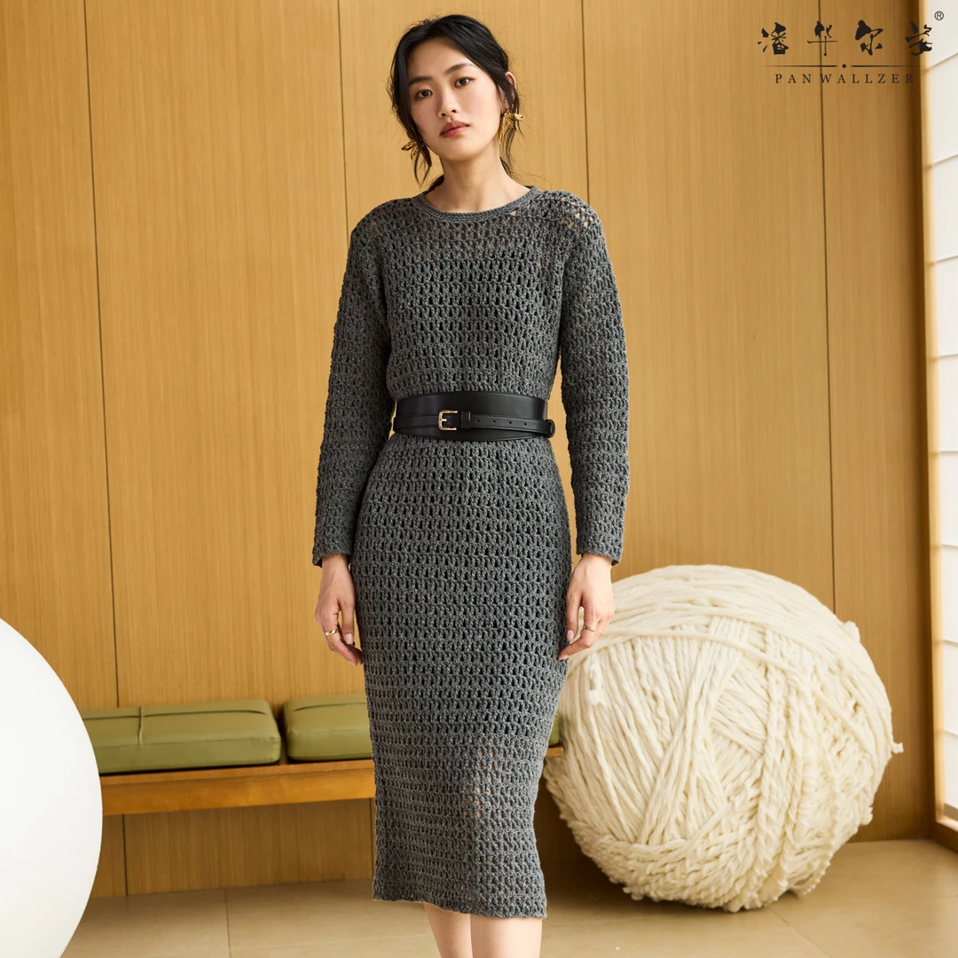 潘华尔姿春秋新钩针款连衣裙女纯手工编织定制优雅时尚高级感圆领