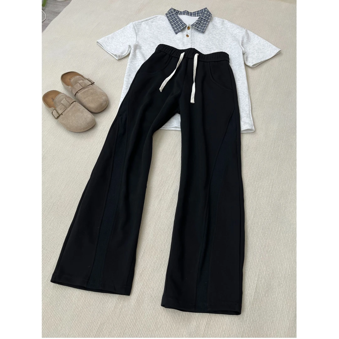 黑色双束线斜切弯刀卫裤男女显瘦垂感运动裤子高级感直筒休闲长裤