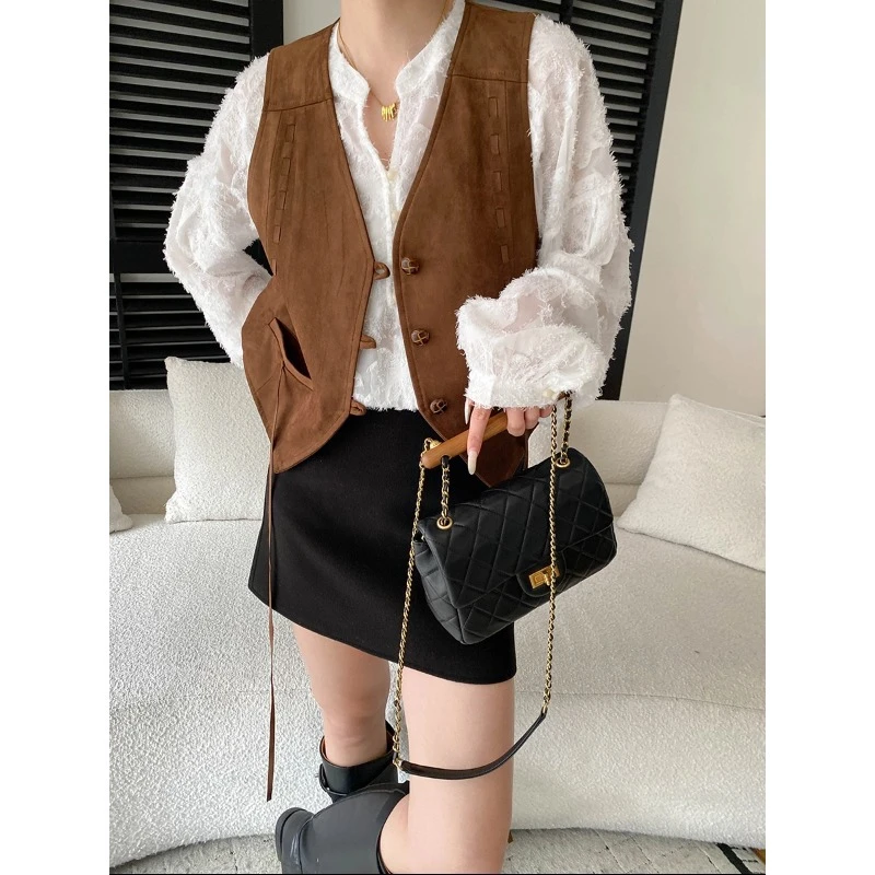 司南早春新款民族风仿麂皮绒V领飘带显瘦叠穿短款马甲SN8541