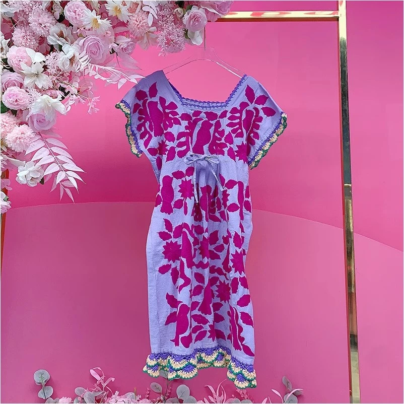 X21886泰国潮牌2025春夏新款针织刺绣流苏连印染花色民族风连衣裙